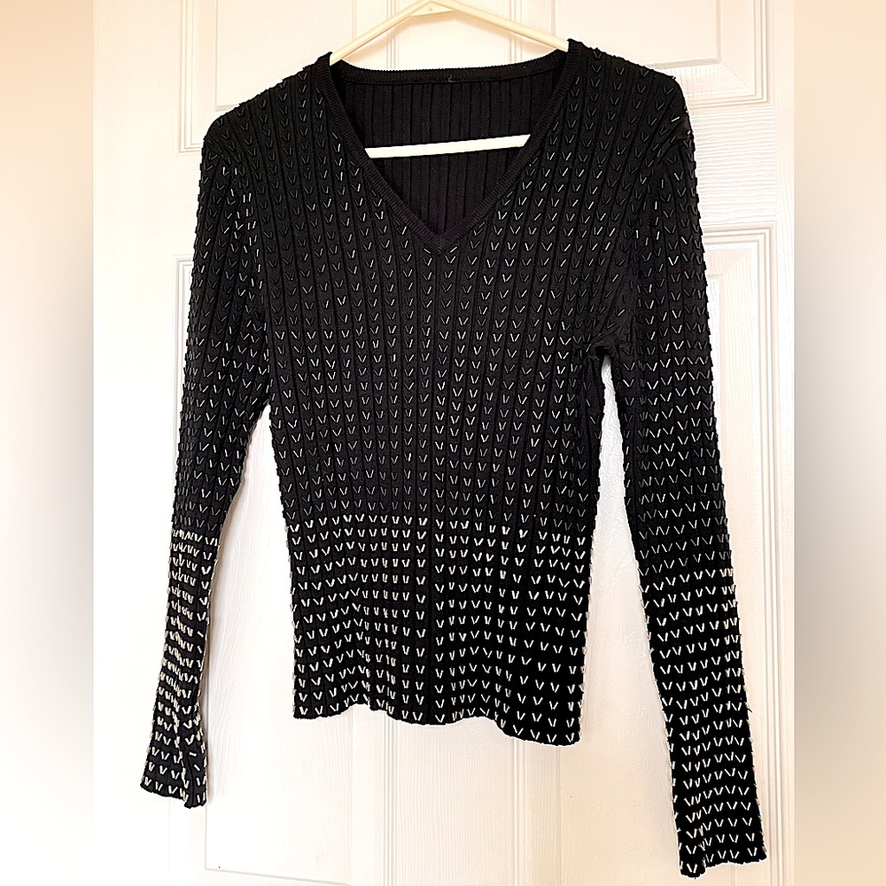 Gorgeous Beaded Black V-neck Sweater